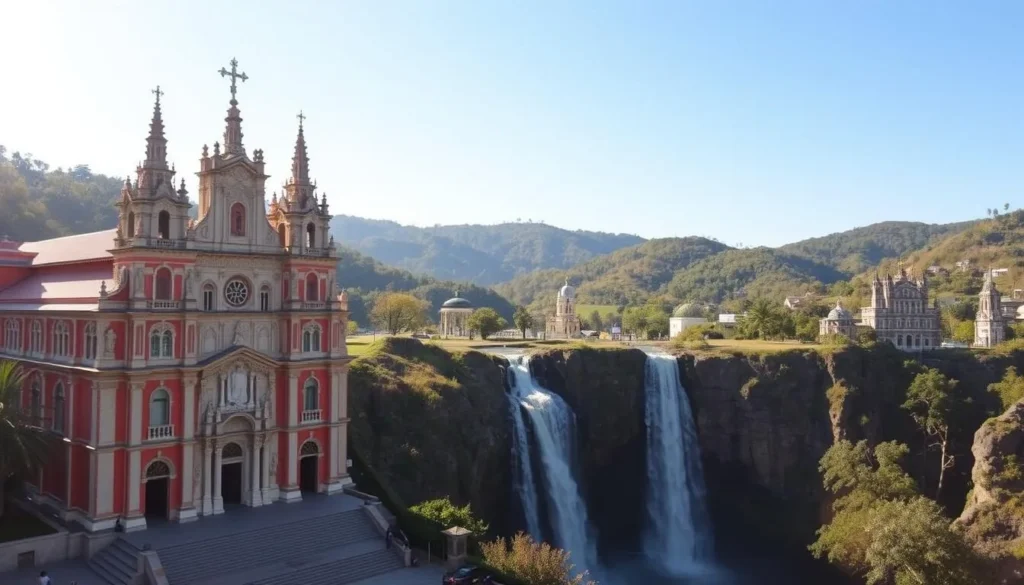 A picturesque scene of Antipolo's top attractions on a bright, sunny day. In the foreground, the majestic Antipolo Cathedral stands tall, its ornate architecture and vibrant colors commanding attention. In the middle ground, the Hinulugang Taktak waterfall cascades over rugged cliffs, its cool mist refreshing the air. In the background, the lush, rolling hills of Antipolo provide a serene, natural backdrop, dotted with the iconic Pinto Art Museum and other heritage sites. The scene is bathed in warm, golden sunlight, creating a welcoming and inviting atmosphere. The image captures the diverse appeal of Antipolo's top attractions, enticing visitors to explore this picturesque destination.