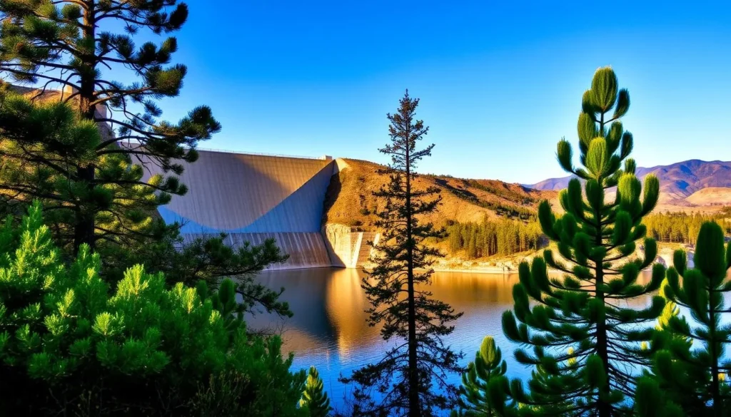 A picturesque scene of Bartlett Dam, nestled amidst the rugged terrain of the California countryside. The dam's impressive concrete structure stands tall, its graceful curves and arches reflecting the clear blue sky above. Lush green foliage frames the scene, with towering pine trees lining the banks of the serene Bartlett Reservoir. Warm sunlight dances across the still waters, creating a tranquil and inviting atmosphere. In the distance, rolling hills and mountains provide a stunning backdrop, adding to the breathtaking natural beauty of this stunning location. Capture the essence of this serene and picturesque setting, perfect for showcasing the captivating Bartlett Reservoir.
