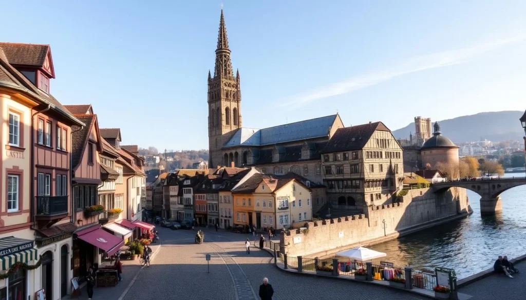 A picturesque scene of Basel's Old Town, Switzerland on a sunny day. In the foreground, cobblestone streets wind through quaint buildings with colorful facades and ornate architecture. Charming cafes and boutiques line the roads, creating a lively atmosphere. In the middle ground, the towering spires of the Basler Münster cathedral rise majestically, its intricate Gothic design casting long shadows. In the background, the Rhine River flows calmly, its banks dotted with pedestrians and cyclists enjoying the scenic views. Warm, diffused lighting illuminates the scene, conveying a sense of timeless beauty and historic charm.