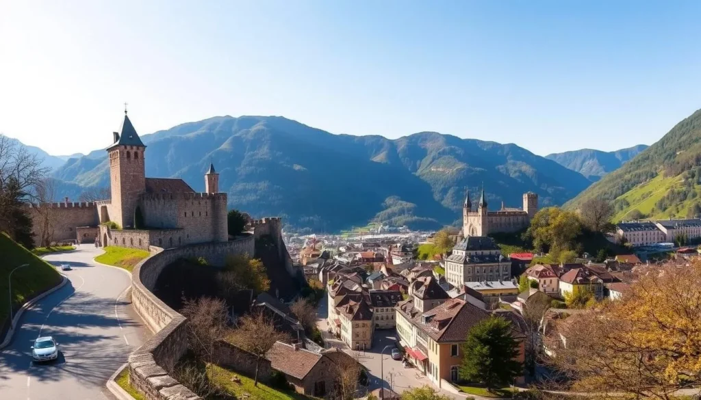 A picturesque scene of Bellinzona, Switzerland on a sunny day. In the foreground, a winding road leads up to the ancient fortified walls and three medieval castles that crown the hilltops, their towers and turrets standing proud against the clear blue sky. In the middle ground, the historic town center with its charming old buildings and cobblestone streets bustles with local activity. In the background, the lush green slopes of the Swiss Alps rise up, creating a stunning natural backdrop. The image is captured with a wide-angle lens to showcase the breathtaking scale and grandeur of this UNESCO World Heritage site, with soft, even lighting that accentuates the timeless beauty of Bellinzona.