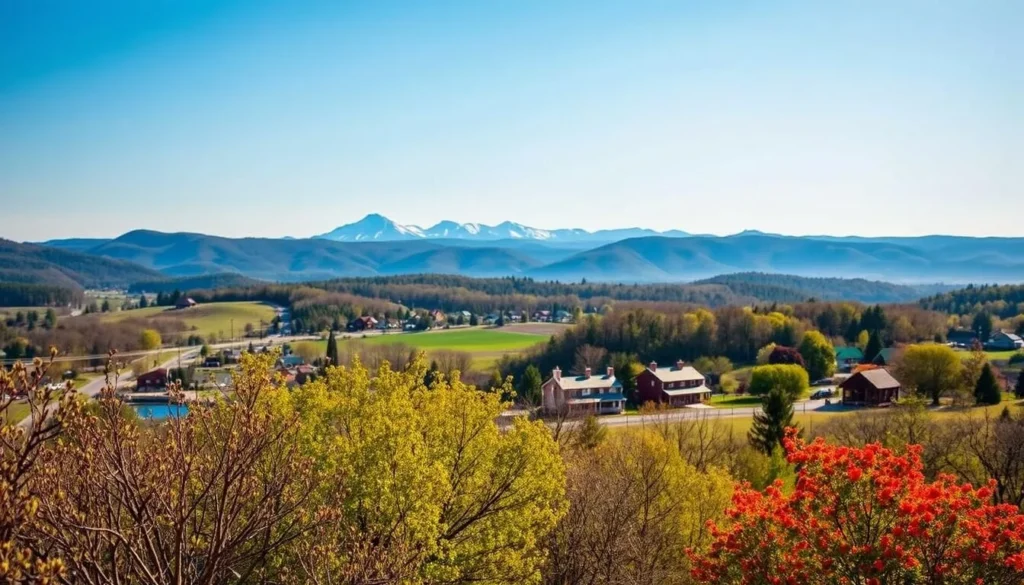 A picturesque scene of Branson, Missouri in the springtime. A lush, verdant landscape with budding trees and blooming flowers in the foreground, casting a warm, golden glow. In the middle ground, rolling hills dotted with quaint cabins and historic buildings, reflecting the charming character of this Ozark Mountain town. The background features a breathtaking vista of the Ozark Mountains, their peaks capped with a dusting of snow, under a clear, cerulean sky. The overall atmosphere is one of tranquility, natural beauty, and the vibrant rebirth of the season.