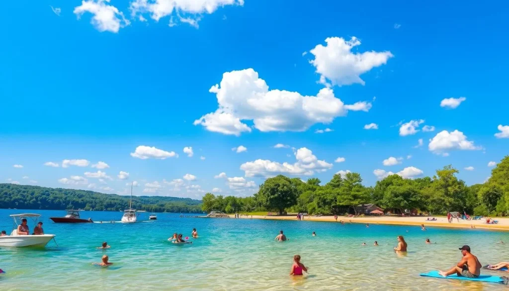 A picturesque scene of Bull Shoals Lake, Missouri, captured on a bright, sunny day. In the foreground, people are enjoying various water activities, such as boating, swimming, and fishing. The crystal-clear lake reflects the azure sky, dotted with fluffy white clouds. In the middle ground, a sandy beach stretches along the shoreline, with families relaxing on towels and chairs. Lush, verdant trees line the banks, providing a tranquil, natural backdrop. The image is bathed in warm, golden light, creating a serene and inviting atmosphere, perfectly capturing the essence of the lake's best activities.