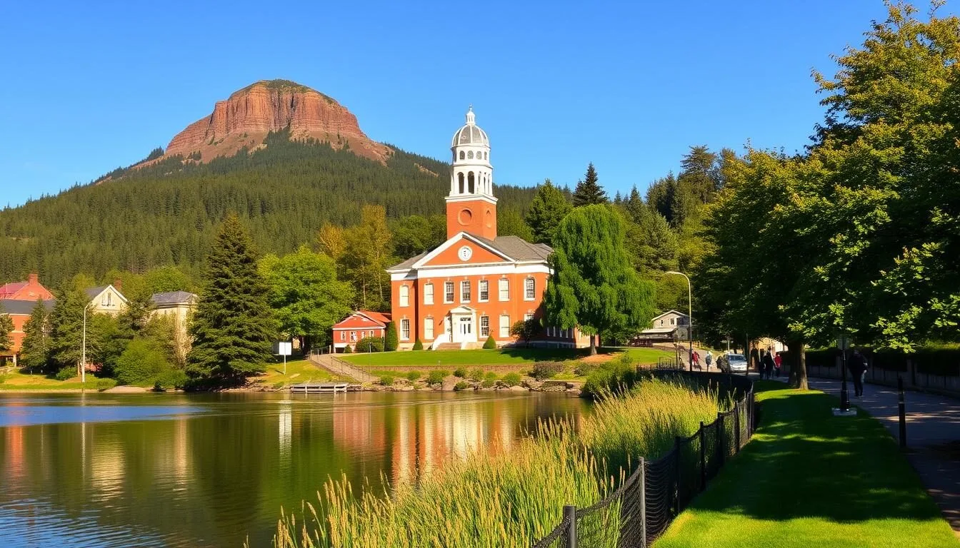 A picturesque scene of Corvallis, Oregon's top attractions on a bright, sunny day. In the foreground, the iconic Marys Peak stands tall, its forested slopes bathed in warm, golden light. Midground features the historic Benton County Courthouse, its red-brick facade and white clock tower reflecting the tranquil waters of the Willamette River. In the background, the Corvallis River Walk winds along the riverbank, lined with lush greenery and dotted with pedestrians enjoying the scenic outdoors. The composition is balanced, with a sense of depth and harmony, capturing the charming character of this picturesque Oregon town.