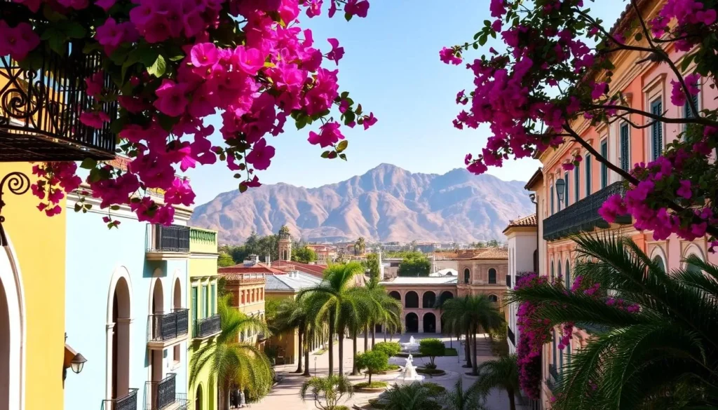 A picturesque scene of Cuernavaca's iconic colonial architecture on a pleasant, sun-drenched day. In the foreground, vibrant bougainvillea cascades over ornate wrought-iron balconies, framing colorful facades of stucco and stone. In the middle ground, tranquil plazas are dotted with lush palm trees and bubbling fountains, while in the background, the majestic peaks of the Sierra Madre Mountains rise up, bathed in warm, golden light. The scene exudes a sense of timeless elegance and the vibrant, laidback charm of this "City of Eternal Spring".