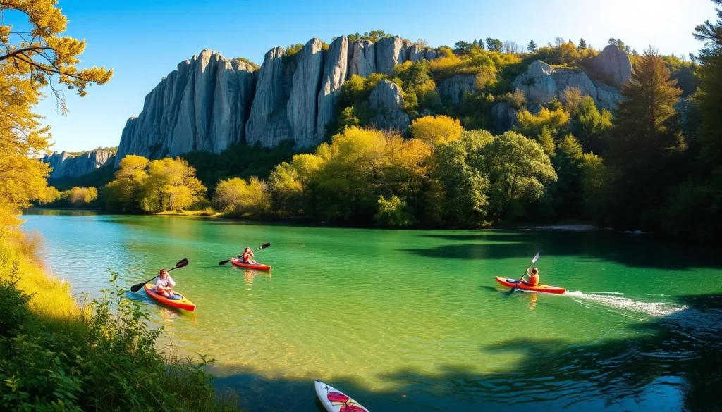 A picturesque scene of Current River Montauk State Park in Missouri. The crystal-clear waters of the river flow gently through a lush, verdant landscape. Towering limestone bluffs rise in the background, casting dramatic shadows across the scene. In the foreground, people kayak and paddle-board, enjoying the serene tranquility of the river. Warm, golden sunlight filters through the trees, creating a peaceful, natural atmosphere. The scene is captured with a wide-angle lens, highlighting the depth and scale of the landscape. The overall mood is one of tranquility, adventure, and an appreciation for the natural beauty of this remarkable state park.