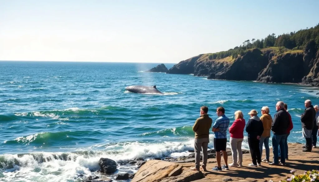 A picturesque scene of Depoe Bay, Oregon, captured on a bright, clear day. In the foreground, a group of whale-watching enthusiasts stand on the rocky coastline, their eyes trained on the glistening waves. In the middle ground, a majestic gray whale emerges from the deep blue waters, its massive body cutting through the surface with grace. The background features the rugged cliffs and lush greenery that characterize the stunning Depoe Bay landscape, bathed in warm, golden sunlight. The composition emphasizes the awe-inspiring natural beauty of this coastal haven, perfectly capturing the essence of the "When to Visit Depoe Bay" section.