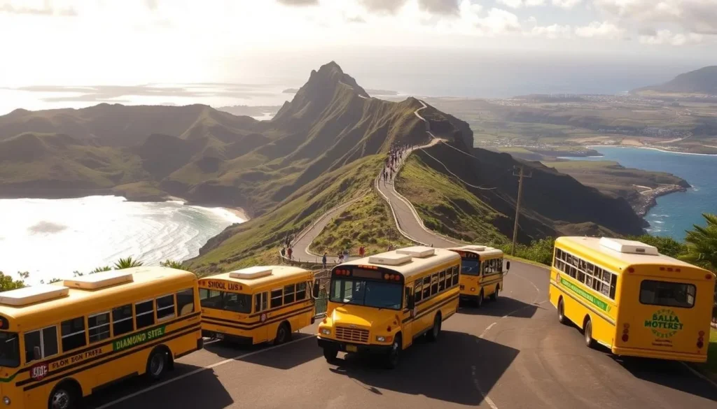 A picturesque scene of Diamond Head State Monument, Oahu, Hawaii, showcasing the various transportation options available to visitors. In the foreground, a fleet of classic Hawaiian yellow school buses and tourist shuttles line the paved pathways, ready to ferry passengers up the winding road. In the middle ground, a group of hikers ascend the iconic Diamond Head Trail, with the towering volcanic crater serving as a dramatic backdrop. In the distance, the shimmering waters of the Pacific Ocean and the lush, verdant hillsides create a serene and inviting atmosphere. The scene is bathed in warm, golden sunlight, capturing the natural beauty and tranquility of this renowned Hawaiian landmark.