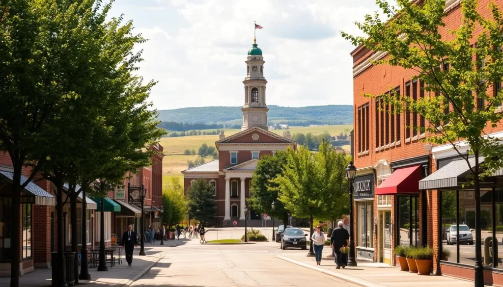 A picturesque scene of Fremont, Nebraska's charming downtown district on a sunny day. In the foreground, quaint brick buildings line the tree-lined Main Street, their facades adorned with colorful awnings and inviting storefronts. Pedestrians stroll along the sidewalks, taking in the small-town ambiance. In the middle ground, the iconic Dodge County Courthouse stands tall, its neoclassical architecture a testament to the city's historic roots. In the background, rolling hills and lush greenery create a serene, pastoral backdrop, completing the idyllic Midwestern landscape. Warm, natural lighting bathes the scene, casting a gentle glow and evoking a sense of tranquility and community.