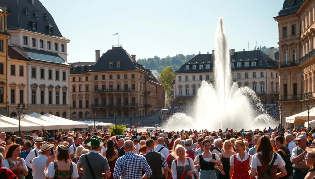 A picturesque scene of Geneva's vibrant cultural heritage unfolds. In the foreground, a lively crowd gathers, adorned in traditional Swiss attire, engaging in lively folk dances and music. In the middle ground, historic buildings with ornate facades frame the festivities, their architectural details illuminated by the warm, golden sunlight. In the background, the iconic Jet d'Eau fountain rises majestically, its plume of water casting a serene, reflective glow. The atmosphere is one of joyous celebration, showcasing the enduring traditions and rich cultural tapestry that define Geneva's unique identity.