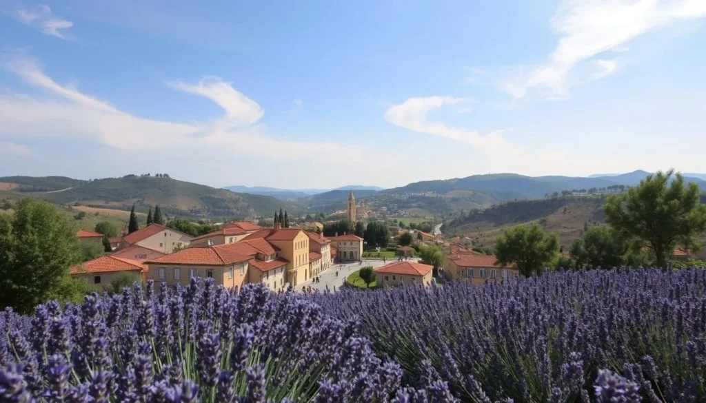 A picturesque scene of Grasse, France on a pleasant day. In the foreground, lush lavender fields sway gently in a light breeze. The middle ground features a quaint village with terra-cotta roofs, cobblestone streets, and locals strolling leisurely. In the background, rolling hills dotted with olive trees create a serene, bucolic backdrop. Soft, warm sunlight filters through wispy clouds, casting a golden glow over the entire landscape. The overall atmosphere exudes a sense of tranquility and mild Mediterranean climate, perfect for packing light, breathable fabrics for a weather-savvy trip.