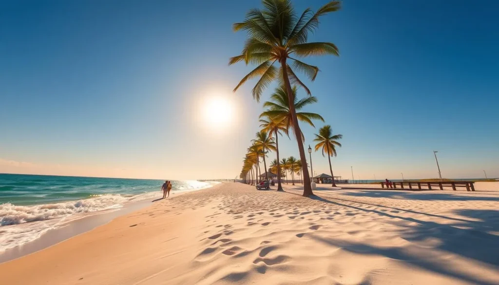 A picturesque scene of Gulfport Beach on the Mississippi Gulf Coast. The sun's golden rays gently caress the soft, white sand, creating a serene and inviting atmosphere. In the foreground, crystal-clear turquoise waters lap at the shore, their gentle waves enticing visitors to dip their toes. Towering palm trees sway gracefully in the warm, coastal breeze, framing the tranquil scene. In the middle ground, beachgoers stroll along the boardwalk, taking in the breathtaking views of the sparkling horizon. The background is dominated by a cloudless, azure sky, lending an air of tranquility and relaxation to the entire composition. Captured with a wide-angle lens, this image showcases the stunning natural beauty and coastal charm of Gulfport, Mississippi.
