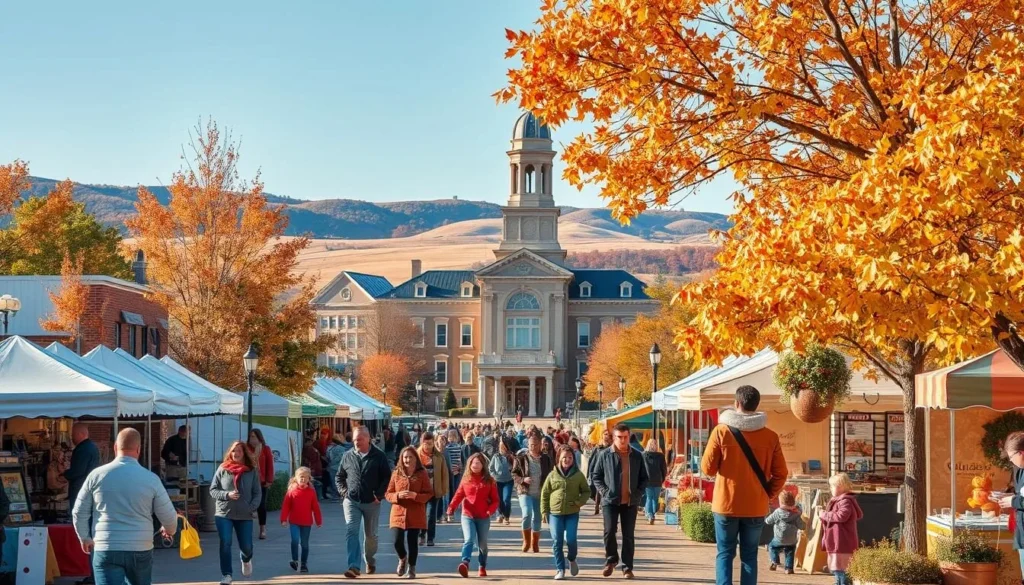 A picturesque scene of Hastings, Nebraska in the midst of seasonal festivities. In the foreground, families stroll through a charming town square adorned with vibrant autumn foliage and decorative displays. Colorful tents and booths line the streets, offering local crafts, delicious cuisine, and lively music. Children play joyfully, while adults sip warm beverages and embrace the crisp, golden-hued atmosphere. In the middle ground, a historic courthouse stands tall, its grand architecture juxtaposed against the seasonal splendor. The background showcases rolling hills and a clear, azure sky, creating a serene and inviting backdrop for the seasonal revelry. Capture the essence of Hastings' vibrant community spirit and the enchanting ambiance of its cherished seasonal events.