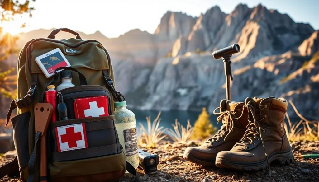A picturesque scene of Hetch Hetchy with a focus on the essential safety equipment visitors should pack. In the foreground, a sturdy hiking backpack with a compact first-aid kit, a durable water bottle, and a reliable headlamp. In the middle ground, a pair of well-worn hiking boots and a sturdy walking stick, ready to tackle the trails. In the background, the majestic granite cliffs of Hetch Hetchy, bathed in warm, golden sunlight, creating a serene and inviting atmosphere. The image conveys the importance of being prepared for a safe and enjoyable visit to this stunning natural wonder.