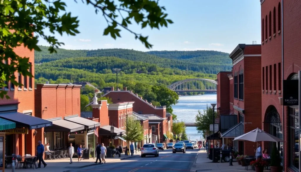 A picturesque scene of Houghton, Michigan's Upper Peninsula, captured on a warm, sunny day. The foreground features the quaint, historic downtown, with its charming brick buildings, cafe patios, and pedestrians strolling along the streets. In the middle ground, the rolling hills and lush green forests characteristic of the region rise up, creating a serene and inviting backdrop. In the distance, the sparkling waters of Portage Lake glisten, with the Houghton–Hancock Bridge gracefully arching across, connecting the two sides of this picturesque community. The image is framed with a wide-angle lens, allowing the viewer to take in the full breadth of Houghton's natural beauty and architectural charm.