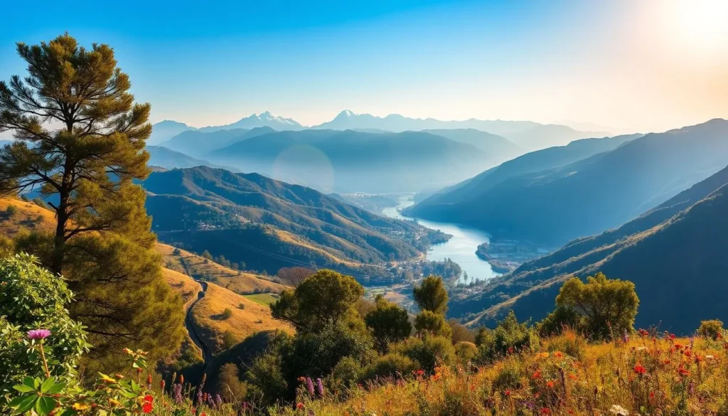 A picturesque scene of Jos, Nigeria's highland city, bathed in golden sunlight. In the foreground, lush, verdant trees and vibrant wildflowers adorn the rolling hills. The middle ground reveals a winding river, its crystal-clear waters reflecting the surrounding natural beauty. In the distance, majestic mountains rise, their peaks capped with a dusting of snow, creating a stunning contrast against the azure sky. The scene exudes a sense of tranquility and wonder, inviting the viewer to immerse themselves in the natural splendor of this remarkable place.
