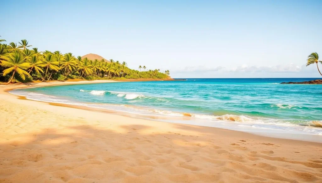 A picturesque scene of Kalapaki Beach on the island of Kauai, Hawaii. In the foreground, golden sand stretches out, inviting visitors to sink their toes in. The middle ground features azure waters lapping at the shore, gently caressed by a light breeze. In the background, lush green palm trees sway, framing the scene and creating a tropical oasis. The warm, golden sunlight bathes the entire landscape, casting a serene and inviting atmosphere. A cloudless sky stretches out above, completing the idyllic, picture-perfect view of this stunning Hawaiian beach.