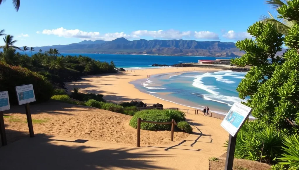 A picturesque scene of Keawakapu Beach Access Points, Maui, Hawaii, on a warm, sunny day. The foreground showcases the well-marked public access points, with inviting pathways leading down to the golden sand and azure waters. In the middle ground, beachgoers stroll along the shoreline, enjoying the gentle waves and breathtaking views of the volcanic landscape. The background features lush, tropical foliage and the iconic Haleakala mountain range, casting a serene and tranquil atmosphere. Capture this idyllic setting with a wide-angle lens, highlighting the accessibility and natural beauty of this hidden gem in Maui.
