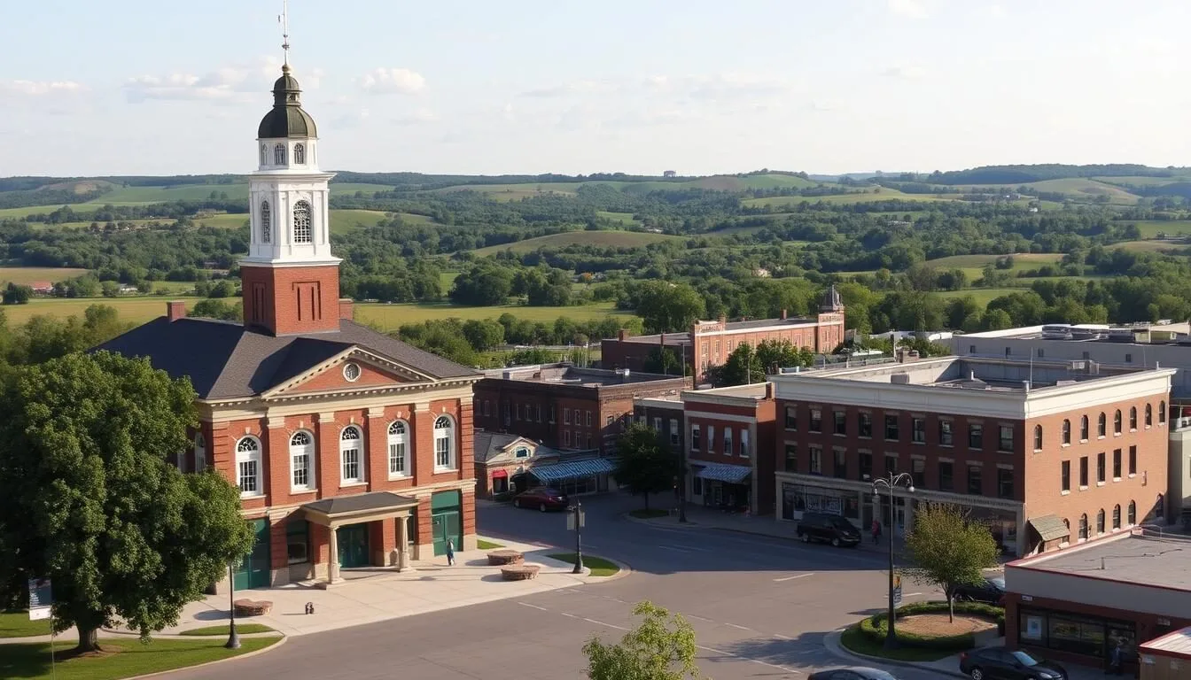 A picturesque scene of Kirksville's top attractions on a pleasant day. In the foreground, the stately Courthouse stands tall, its grand architecture bathed in warm sunlight. In the middle ground, the charming historic downtown area comes to life, with quaint shops and cafes lining the streets. In the background, the rolling hills and lush greenery of the countryside create a serene and inviting backdrop. The image is captured with a wide-angle lens, offering a comprehensive view of the town's most iconic landmarks and natural beauty. The overall mood is one of tranquility and charm, reflecting the essence of Kirksville, Missouri.