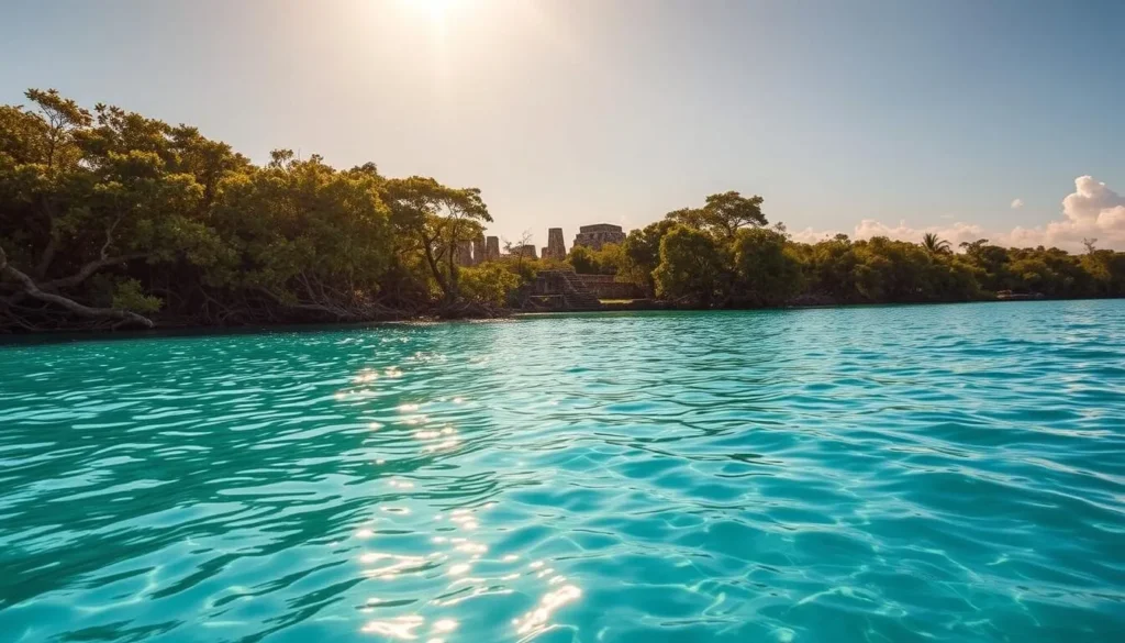 A picturesque scene of Laguna de Bacalar, the "Seven Color Lagoon" of Mexico's Yucatan Peninsula. In the foreground, crystal-clear turquoise waters glisten under the warm sun, inviting visitors to dive in. The middle ground features lush, verdant mangrove forests lining the shore, their twisted roots reflected in the still surface. In the background, ancient Mayan ruins peek out from the foliage, hinting at the lagoon's rich history as an important trading and cultural center for the Maya civilization. Soft, diffused lighting bathes the entire scene in a warm, golden glow, creating a serene and timeless atmosphere.