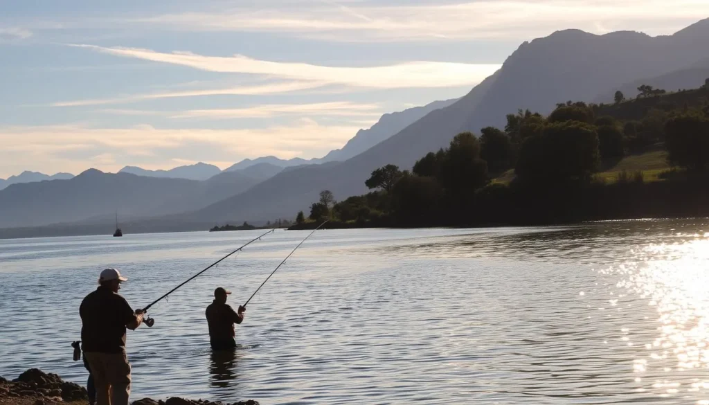 A picturesque scene of Lake Cachuma on a sunny day. In the foreground, anglers cast their lines into the calm, glistening waters, their silhouettes reflected on the surface. The middle ground features lush, verdant shores dotted with oak trees and towering mountains in the distance. Warm, golden light filters through wispy clouds, casting a serene, tranquil atmosphere over the entire landscape. The scene captures the essence of outdoor recreation and seasonal activities at this serene California destination.