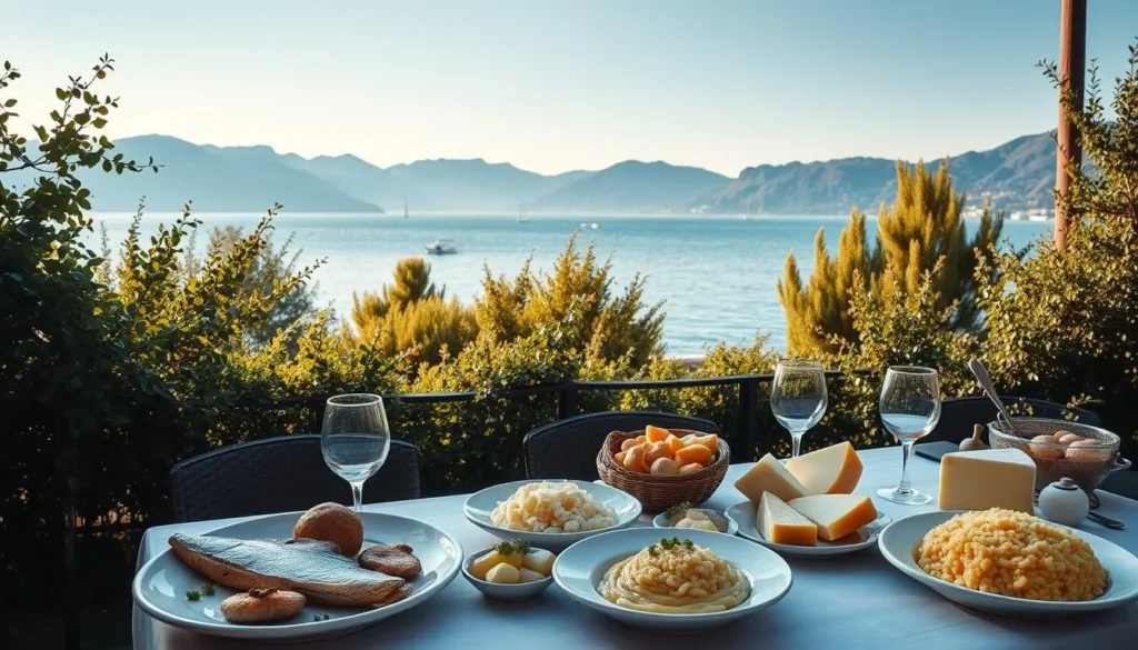 A picturesque scene of Lake Maggiore's culinary delights. In the foreground, a table set with delectable local dishes - fresh-caught fish, creamy risotto, and a selection of artisanal cheeses. Vines and olive trees frame the middle ground, leading the eye to the sparkling blue waters of the lake, mirroring the clear sky above. Boats dotting the horizon and mountains rising in the distance create a serene, timeless atmosphere. Warm, golden lighting filters through the scene, evoking the cozy, convivial spirit of dining al fresco in this picturesque corner of Switzerland.