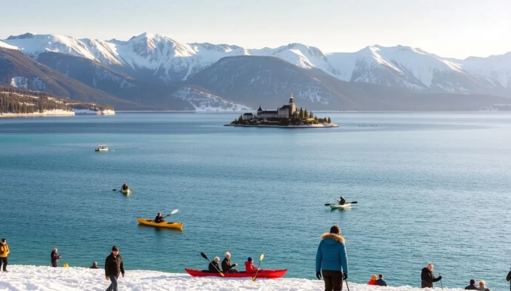 A picturesque scene of Lake Tahoe in the changing seasons. In the foreground, people enjoy various outdoor activities - kayaking on the crystal-clear waters, hiking along the scenic trails, or building snowmen in the powdery white snow. The middle ground showcases the majestic Emerald Bay, with its iconic Vikingsholm Castle nestled on the shoreline. In the background, towering mountain peaks are adorned with a dusting of snow, reflecting the sun's warm glow. Soft, diffused lighting creates a serene, almost dreamlike atmosphere, capturing the essence of the lake's natural beauty and the diverse seasonal experiences it offers.