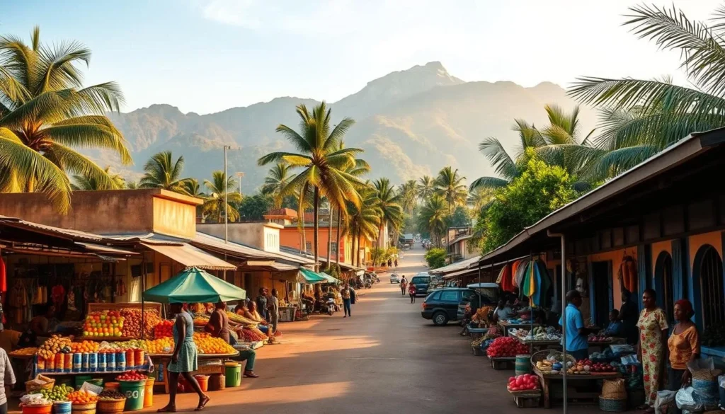 A picturesque scene of Likasi, Democratic Republic of the Congo, on a pleasant day. In the foreground, a local market bustles with vendors selling vibrant produce and handcrafted goods. In the middle ground, well-maintained streets are lined with colorful buildings and shaded by lush palm trees. In the background, the majestic Kundelungu Mountains rise, their peaks illuminated by the warm, golden sunlight. The overall atmosphere conveys a sense of cultural vibrancy, tranquility, and the welcoming spirit of the local community. Capture this scene with a wide-angle lens, using soft, natural lighting to create a captivating and inviting visual representation of the practical travel tips for visiting Likasi.