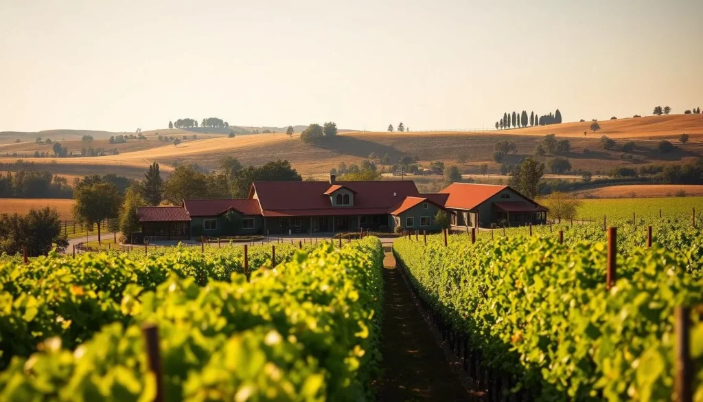 A picturesque scene of Lodi's thriving wineries on a sunny afternoon. The vineyards stretch out in the foreground, their lush, verdant rows leading the eye towards the rustic, charming winery buildings in the middle ground. Warm, golden light dapples the scene, casting a welcoming glow over the cluster of red-roofed structures and their surrounding gardens. In the background, rolling hills dotted with oak trees create a serene, pastoral backdrop, hinting at the tranquil countryside that surrounds this hub of winemaking. The overall atmosphere evokes a sense of casual, unhurried sophistication - a perfect reflection of Lodi's understated charm.