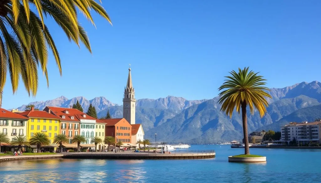 A picturesque scene of Lugano, Switzerland, nestled between the stunning turquoise waters of Lake Lugano and the majestic snow-capped Alps. In the foreground, colorful Mediterranean-style buildings line the promenade, their vibrant facades reflecting in the calm lake. Lush palm trees sway gently in the warm breeze, adding to the serene, Italian-inspired ambiance. In the middle ground, a historic church tower stands proud, its elegant spire reaching towards the clear blue sky. Beyond, the rugged mountains rise majestically, their jagged peaks casting dramatic shadows across the landscape. The scene is bathed in warm, golden light, creating a sense of tranquility and timeless beauty that encapsulates the essence of this Swiss-Italian gem.