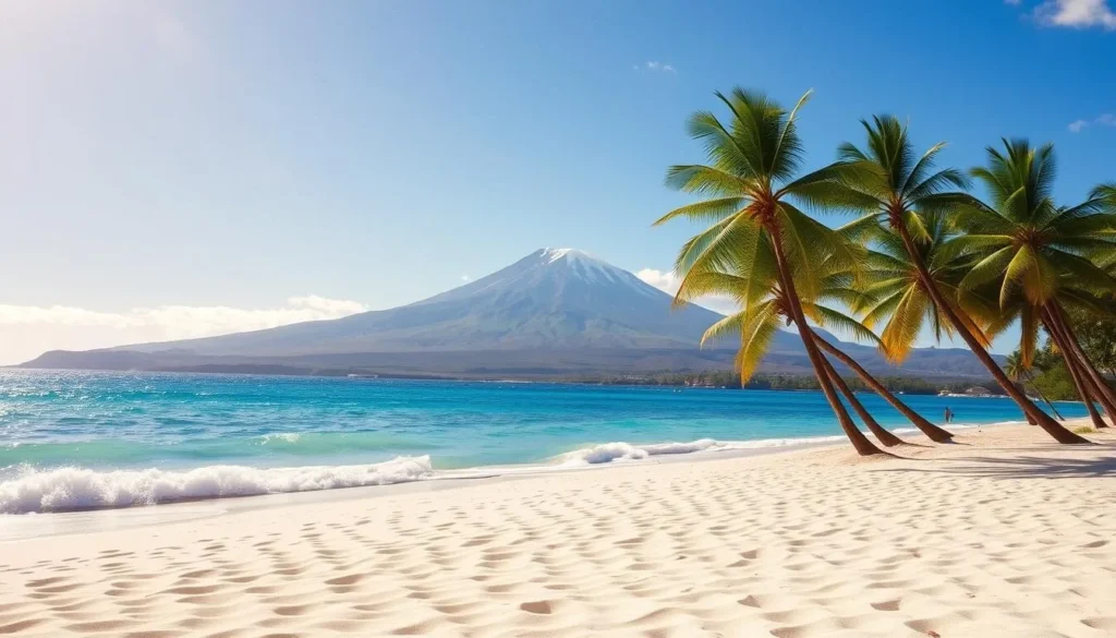 A picturesque scene of Mauna Kea Beach, Hawaii, on a sunny day. In the foreground, the fine white sand stretches out, gently sloping towards the turquoise waters of the Pacific Ocean. In the middle ground, palm trees sway in the gentle breeze, casting dappled shadows on the beach. In the background, the majestic Mauna Kea volcano rises, its snow-capped peak piercing the azure sky. The warm, tropical sun bathes the scene in a soft, golden glow, creating a serene and inviting atmosphere. The image captures the idyllic conditions that make Mauna Kea Beach a popular destination for visitors seeking to experience the natural beauty of Hawaii.