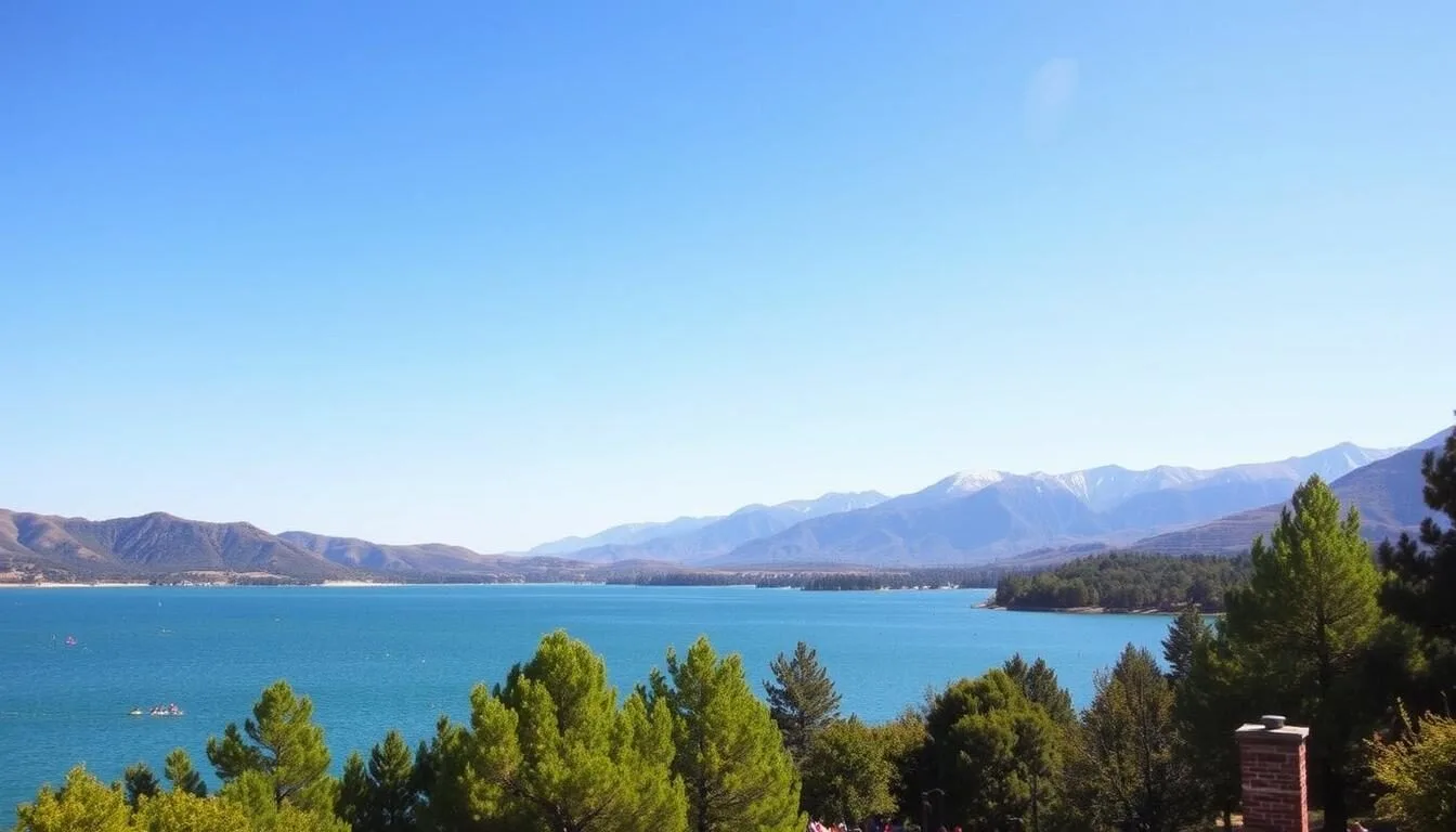 A picturesque scene of Millerton Lake recreation area in California. In the foreground, a pristine, turquoise lake reflects the azure sky above. Lush, verdant trees line the shoreline, casting gentle shadows on the calm waters. In the middle ground, visitors enjoy various water activities, from kayaking to swimming, immersed in the tranquil ambiance. The background features rolling hills and rugged, snow-capped mountains, creating a serene and majestic landscape. Warm, golden sunlight bathes the entire scene, evoking a sense of peacefulness and relaxation. The image captures the natural beauty and outdoor recreation opportunities that make Millerton Lake a top destination.