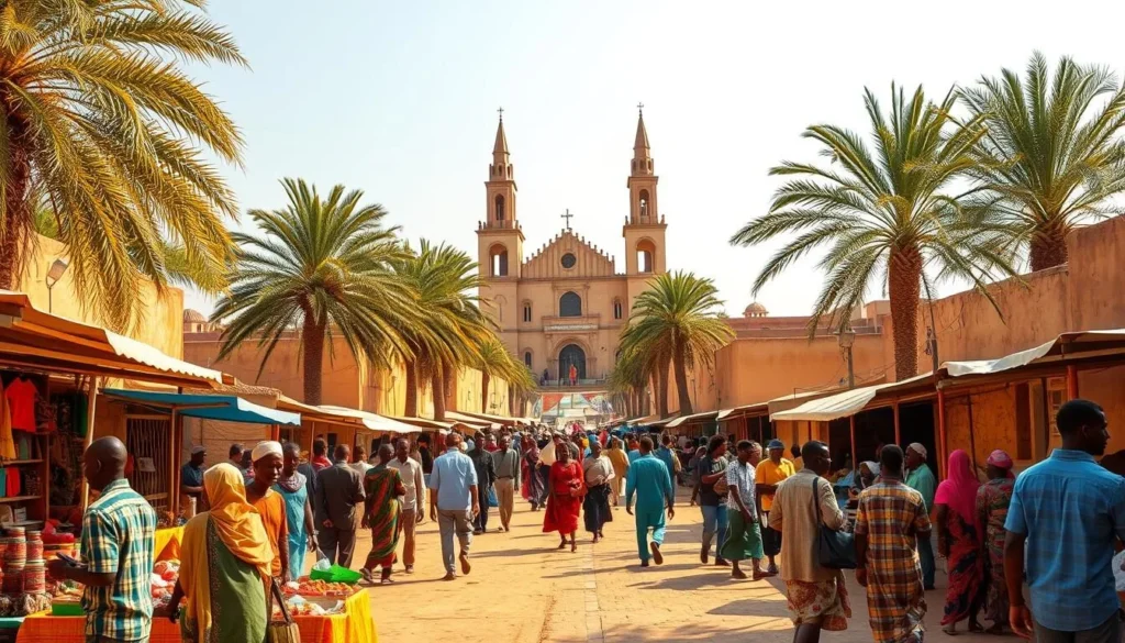 A picturesque scene of N'Djamena, the vibrant capital of Chad, during its most pleasant season. In the foreground, locals gather in a lively marketplace, browsing colorful wares and conversing animatedly. The middle ground features a bustling street lined with palm trees and traditional mud-brick buildings, bathed in warm, golden light. In the background, the iconic Cathédrale Notre-Dame des Victoires stands tall, its spires reaching towards a clear, azure sky. The overall atmosphere conveys a sense of community, cultural richness, and a welcoming invitation to explore the city's unique charm.