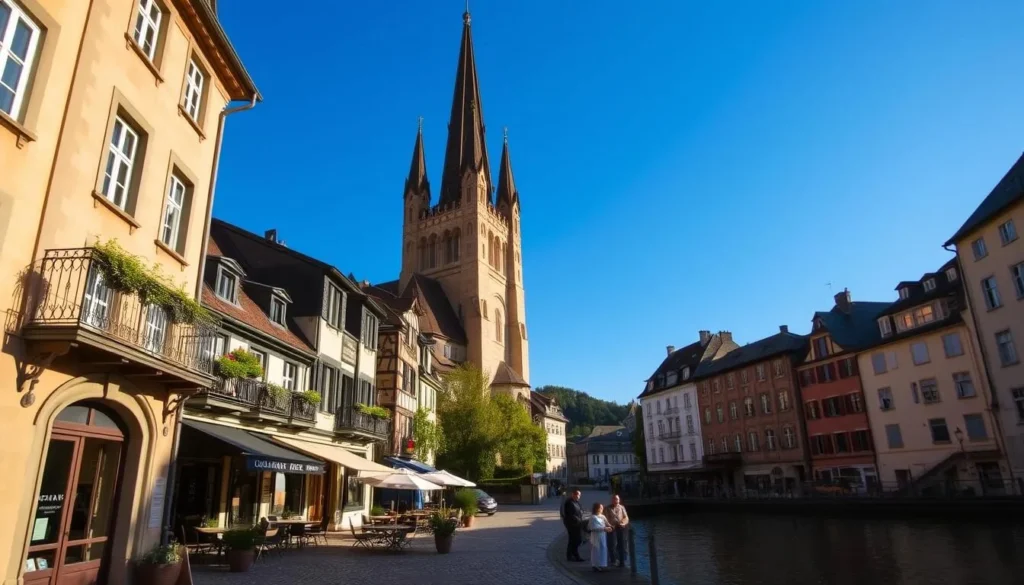 A picturesque scene of Neuchâtel's historic old town nestled along the shores of Lake Neuchâtel. Cobblestone streets lined with charming medieval buildings, their facades adorned with intricate architectural details. Quaint cafes and boutiques spill out onto the sidewalks, creating a lively yet tranquil atmosphere. In the background, the striking silhouette of the Collegiate Church of Neuchâtel rises majestically, its Gothic spires piercing the clear blue sky. Warm sunlight bathes the scene, casting soft shadows and highlighting the vibrant colors of the town. The calm waters of the lake reflect the picturesque buildings, creating a serene and picturesque setting that captures the essence of Neuchâtel's historic old town.