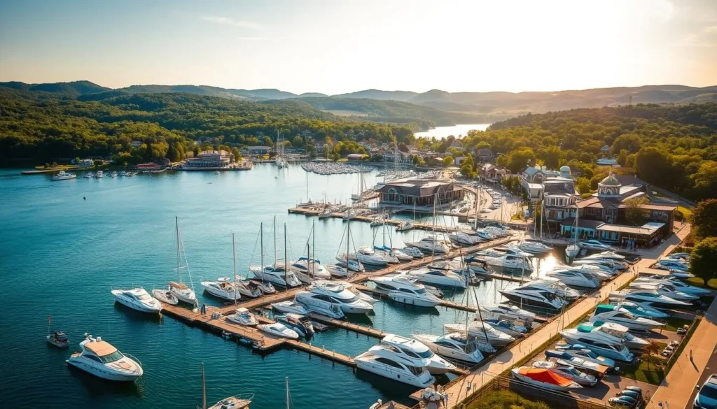 A picturesque scene of Osage Beach, the crown jewel of Missouri's Lake of the Ozarks. In the foreground, a bustling marina filled with sleek boats and yachts, their reflections shimmering on the calm, azure waters. The middle ground showcases the town's vibrant waterfront, dotted with charming shops, restaurants, and lively entertainment venues. In the background, rolling hills and lush forests frame the serene landscape, creating a serene and inviting atmosphere. Warm, golden sunlight bathes the scene, casting a soft, welcoming glow and highlighting the region's natural beauty. The overall impression is one of a picturesque, lively, and inviting destination, perfectly capturing the essence of Osage Beach and the heart of Lake of the Ozarks.