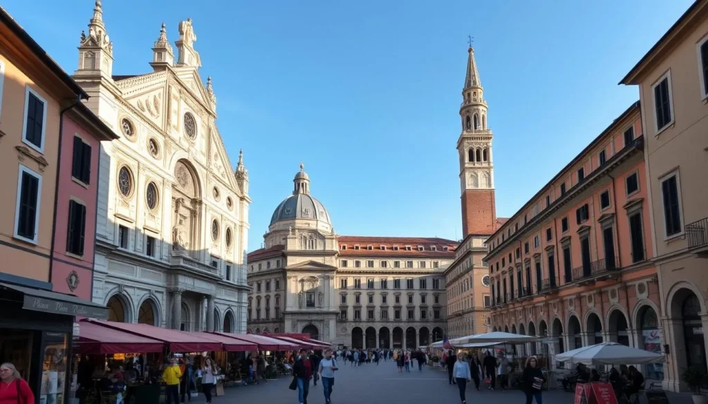A picturesque scene of Padova's historic city center on a sunny day. In the foreground, charming pedestrian streets lined with inviting cafes and boutiques. In the middle ground, the iconic Basilica of St. Anthony with its ornate Romanesque architecture. In the background, the towering Palazzo della Ragione and the bell tower of the Duomo, casting long shadows across the vibrant piazzas. Capture the lively atmosphere with people strolling, sipping espresso, and admiring the city's timeless beauty. Use a wide-angle lens to showcase the harmonious blend of Renaissance and medieval architecture. Convey a sense of tranquility and anticipation, as if inviting the viewer to plan their own Padova city visit.