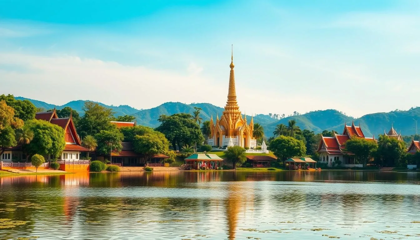 A picturesque scene of Pathum Thani, Thailand, showcasing its vibrant attractions on a pleasant day. In the foreground, a serene lake reflects the surrounding lush greenery and traditional Thai-style buildings. In the middle ground, a majestic Buddhist temple with ornate golden spires stands tall, inviting visitors to explore its serene atmosphere. The background features rolling hills and a clear blue sky, creating a tranquil and inviting atmosphere. The lighting is soft and warm, accentuating the natural beauty of the landscape. Capture the essence of Pathum Thani's cultural heritage and natural wonders in a picturesque, photorealistic image.