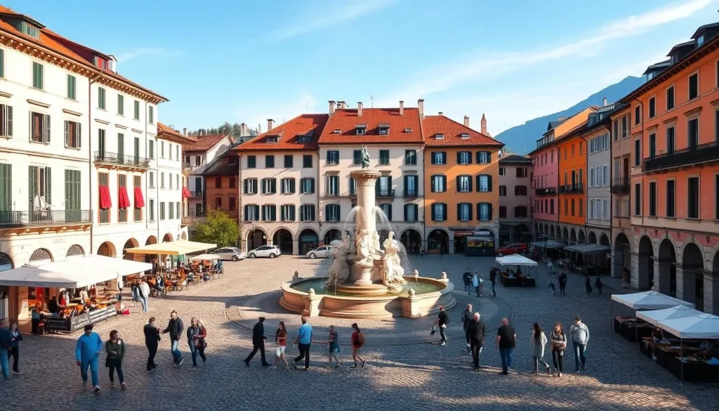 A picturesque scene of Piazza Grande in Locarno, Switzerland on a sunny day. The large, cobblestone square is surrounded by historic buildings with colorful facades, red-tiled roofs, and archways. In the center, a grand fountain adorned with statues stands as the focal point. People stroll leisurely, taking in the vibrant atmosphere and lively cafes. Warm, soft lighting bathes the scene, creating a charming, inviting ambiance. The architecture exudes a timeless, classic European elegance, perfectly capturing the essence of Locarno's historic center.