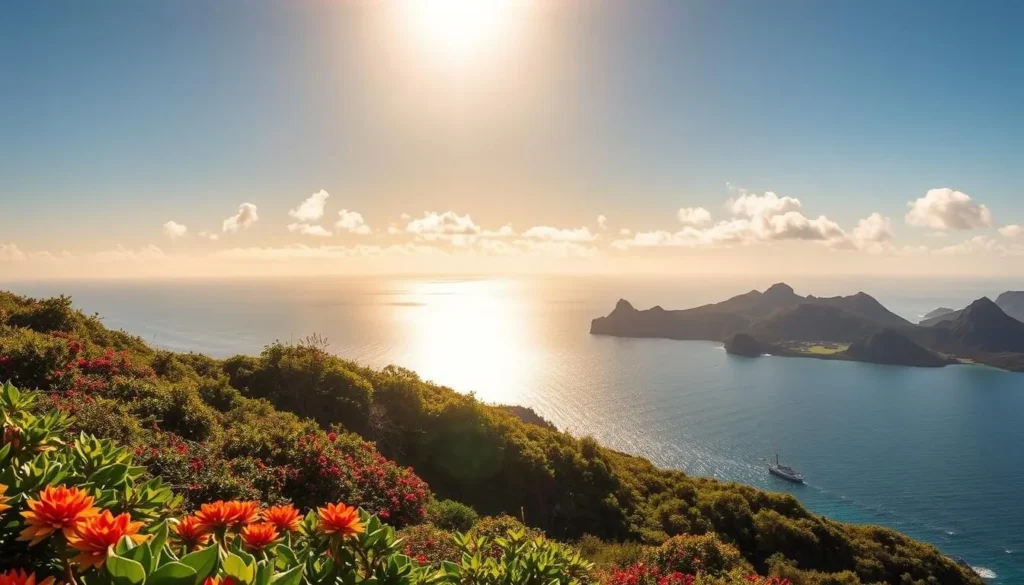 A picturesque scene of Pitcairn Island under a warm, golden sun. The foreground features lush, verdant hills dotted with vibrant tropical foliage and colorful blooms. In the middle ground, a serene ocean sparkles with shimmering waves, while the distant horizon is lined with rugged, volcanic cliffs. The lighting is soft and diffused, casting a gentle glow over the entire landscape. The composition is balanced and harmonious, capturing the tranquil beauty and unique climate of this remote South Pacific paradise.