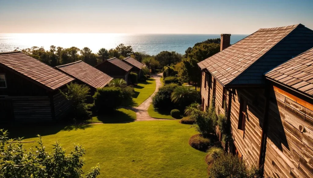 A picturesque scene of Roanoke Island's historic site, bathed in warm, golden sunlight. A lush, verdant landscape frames the weathered, colonial-era buildings in the foreground, their wooden facades and shingled roofs casting soft shadows. In the middle ground, a winding path leads visitors through the tranquil grounds, inviting exploration. In the distance, the sparkling waters of the Albemarle Sound shimmer, creating a serene and inviting atmosphere. Capture the essence of this cherished historic destination, where the past and present coexist in perfect harmony.