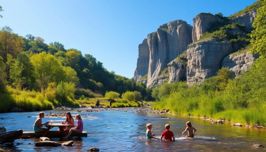 A picturesque scene of Roaring River State Park, Missouri on a sunny day. In the foreground, a family of four enjoying a picnic by the gently flowing river, with children playing in the shallow waters. In the middle ground, hikers exploring the lush, verdant trails that wind through the park's natural landscape. In the background, towering limestone bluffs and a clear blue sky, casting a warm, golden glow over the entire scene. The tranquil atmosphere and idyllic setting invite visitors to immerse themselves in the park's natural beauty and appreciate the diverse range of family-friendly activities available.