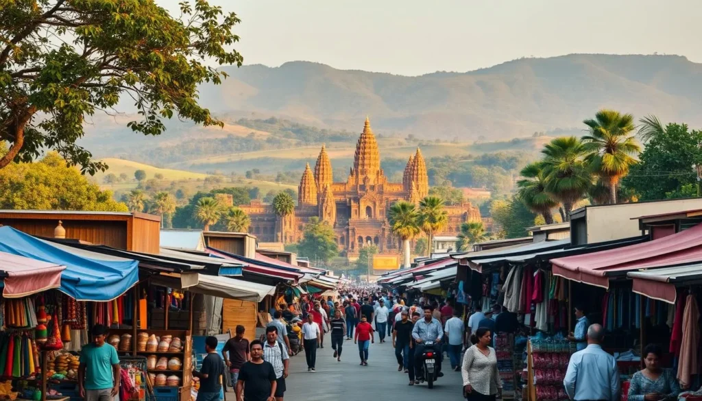 A picturesque scene of Siem Reap, Cambodia, showcasing the vibrant heart of the city. In the foreground, a bustling market filled with colorful stalls, vendors, and locals haggling over handcrafted goods. In the middle ground, the iconic Angkor Wat temple complex, its towering spires and intricate carvings bathed in warm, golden light. In the background, rolling hills and lush tropical foliage, creating a serene and enchanting backdrop. The scene is captured with a wide-angle lens, emphasizing the grandeur and scale of the environment. The lighting is soft and diffuse, evoking a sense of tranquility and wonder. This image perfectly encapsulates the essence of planning an unforgettable Siem Reap itinerary, where history, culture, and natural beauty converge.