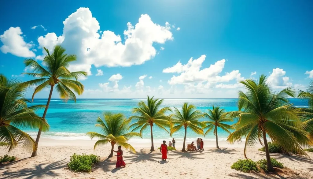 A picturesque scene of Vanuatu in May, with a clear blue sky dotted with fluffy white clouds. The turquoise waters of the Pacific Ocean lap gently against the pristine white sand beaches, framed by lush, verdant palm trees swaying gently in the warm, tropical breeze. In the middle ground, local islanders go about their daily lives, their vibrant traditional attire adding a splash of color to the serene landscape. The sun casts a warm, golden glow over the entire scene, creating a peaceful, idyllic atmosphere that captures the essence of Vanuatu's weather-savvy travel destination.