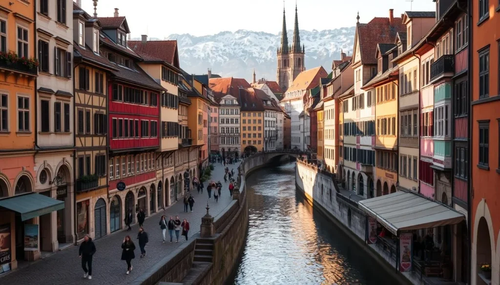 A picturesque scene of Zurich's historic old town, showcasing its charming medieval architecture bathed in warm, golden sunlight. Cobblestone streets wind through a quaint, pedestrian-friendly district, lined with colorful, Renaissance-era buildings adorned with ornate facades and inviting shop fronts. In the foreground, people leisurely stroll, adding a sense of life and vibrancy to the timeless setting. The iconic Limmat River flows gently, its calm waters reflecting the surrounding structures. In the distance, the steepled roofs of historic churches and the majestic snow-capped Alps create a breathtaking backdrop, highlighting Zurich's harmonious blend of urban and natural beauty.