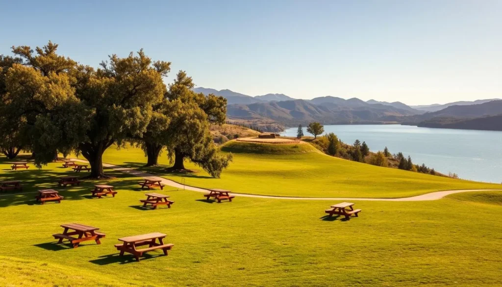 A picturesque scene of a lush, sprawling picnic area nestled amidst the rolling hills of Lower Bear Creek Reservoir, California. The foreground features a well-manicured grassy expanse dotted with clusters of wooden picnic tables and benches, inviting visitors to enjoy a leisurely meal. In the middle ground, a winding path meanders through the area, flanked by towering oak trees casting dappled shadows. The background showcases the serene, azure waters of the reservoir, surrounded by gently sloping mountains bathed in warm, golden sunlight. The overall atmosphere exudes a sense of tranquility and natural beauty, perfectly capturing the essence of a picturesque day-use area.