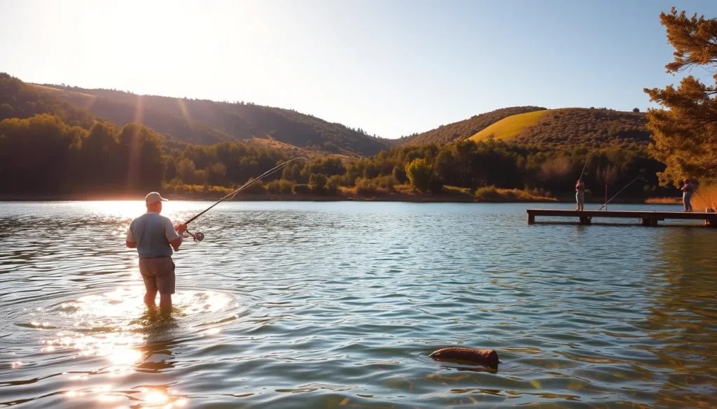 A picturesque scene of anglers casting their lines into the tranquil waters of Lime Saddle Lake, surrounded by the lush, rolling hills of the California countryside. The warm, golden sunlight filters through the trees, casting a serene glow over the serene landscape. In the foreground, a fisherman stands waist-deep in the crystal-clear lake, patiently waiting for a bite, while in the middle ground, another angler can be seen casting their line from the wooden dock. The background is dominated by the verdant, tree-covered hills, creating a peaceful and idyllic setting for a day of relaxing fishing.