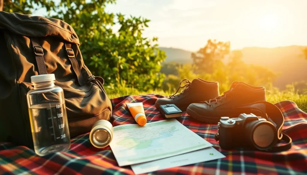 A picturesque scene of essential items for a day trip to Kirirom National Park, Cambodia. In the foreground, a sturdy backpack, water bottle, and trail map laid out on a plaid blanket. The middle ground features a pair of hiking boots, sunscreen, and a compact camera. In the background, lush green foliage and a bright, sun-dappled sky create a serene, naturalistic atmosphere. Warm, diffused lighting casts a golden glow, evoking the tranquility of the park. The composition is balanced, with the items arranged thoughtfully to capture the spirit of outdoor exploration and adventure.