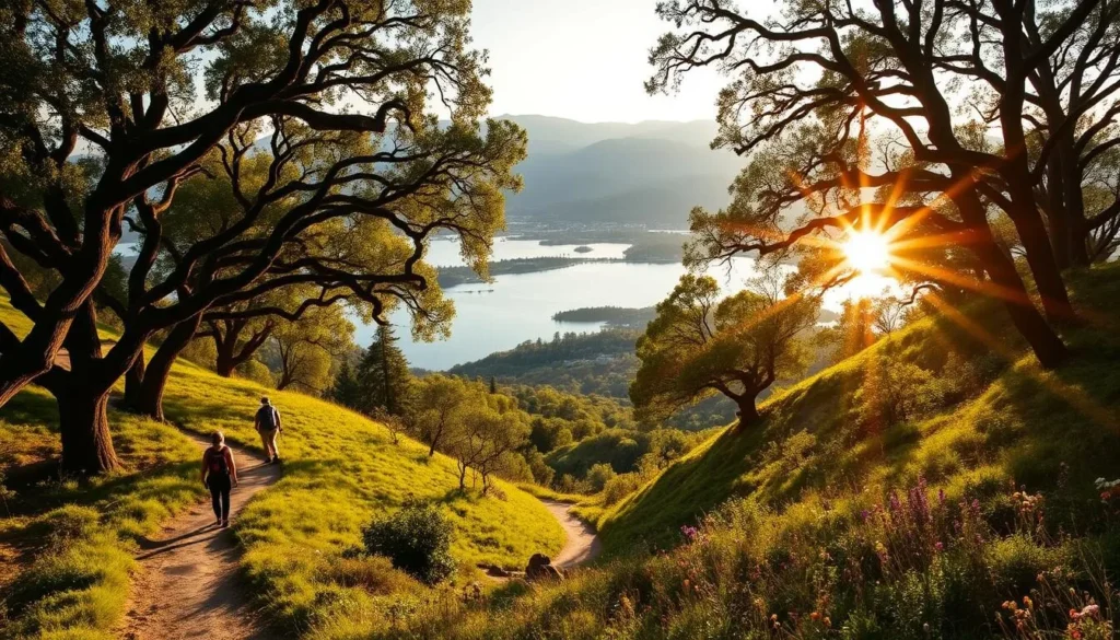 A picturesque scene of hiking trails winding through the lush, verdant hills surrounding the serene waters of Lake Cachuma. The sun's warm glow filters through the canopy of towering oak trees, casting a soft, golden light over the winding paths. In the foreground, hikers traverse the well-maintained trails, taking in the breathtaking vistas of the lake and the surrounding mountains. The middle ground showcases the diverse flora and fauna of the region, with wildflowers and wildlife adding pops of color to the landscape. In the background, the majestic silhouettes of the Santa Ynez Mountains rise up, creating a stunning natural backdrop to this picturesque scene.