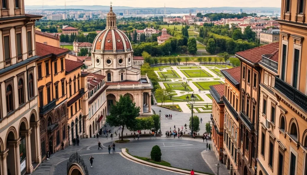 A picturesque scene of historic Padova, Italy unfolds before the viewer. The camera captures the stunning Basilica di Sant'Antonio, its iconic domed roof and ornate architecture bathed in warm, golden light. In the foreground, cobblestone streets wind between centuries-old buildings, their facades adorned with intricate stone carvings and archways. Pedestrians stroll leisurely, immersed in the timeless ambiance of this ancient city. In the background, the lush, verdant Prato della Valle park stretches out, its tree-lined promenades and serene canals complementing the historic charm. The overall mood is one of tranquility and elegant sophistication, inviting the viewer to step back in time and discover the captivating history of Padova.