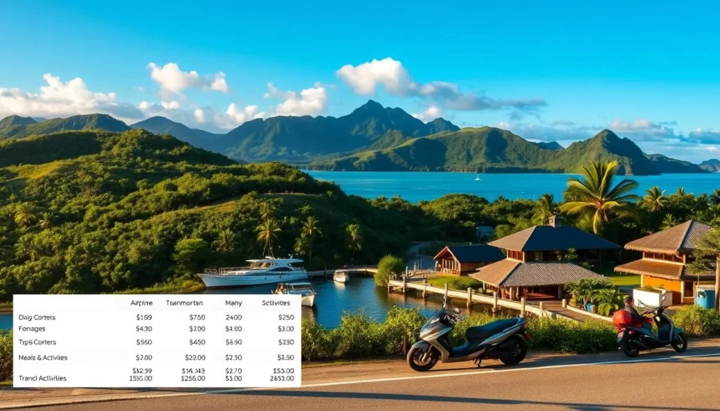 A picturesque scene of the Austral Islands, French Polynesia, against a backdrop of azure skies and turquoise waters. In the foreground, a detailed breakdown of trip costs, including airfare, accommodations, meals, and activities, presented in a clean, easy-to-understand layout. The middle ground showcases local transportation options, such as boats and scooters, hinting at the adventurous spirit of the destination. In the background, lush, verdant landscapes and traditional Polynesian architecture create an idyllic, tropical ambiance. The lighting is warm and natural, with soft shadows and highlights accentuating the scene's depth and dimension. The overall mood is one of careful planning and budgeting, complemented by the tranquil, picturesque setting of the Austral Islands.