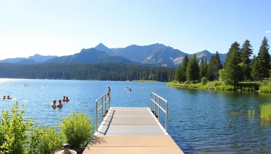 A picturesque scene of the Black Butte Lake access area on a warm, sunny day. The foreground features a well-maintained boat ramp leading into the tranquil waters of the lake, surrounded by lush, verdant vegetation. In the middle ground, a group of people are enjoying various recreational activities, such as fishing, swimming, and kayaking. The background showcases the majestic Black Butte mountain range, its rugged peaks silhouetted against a bright, azure sky. The scene is bathed in warm, golden sunlight, creating a serene and inviting atmosphere, perfectly capturing the essence of planning a visit to this beautiful natural oasis.